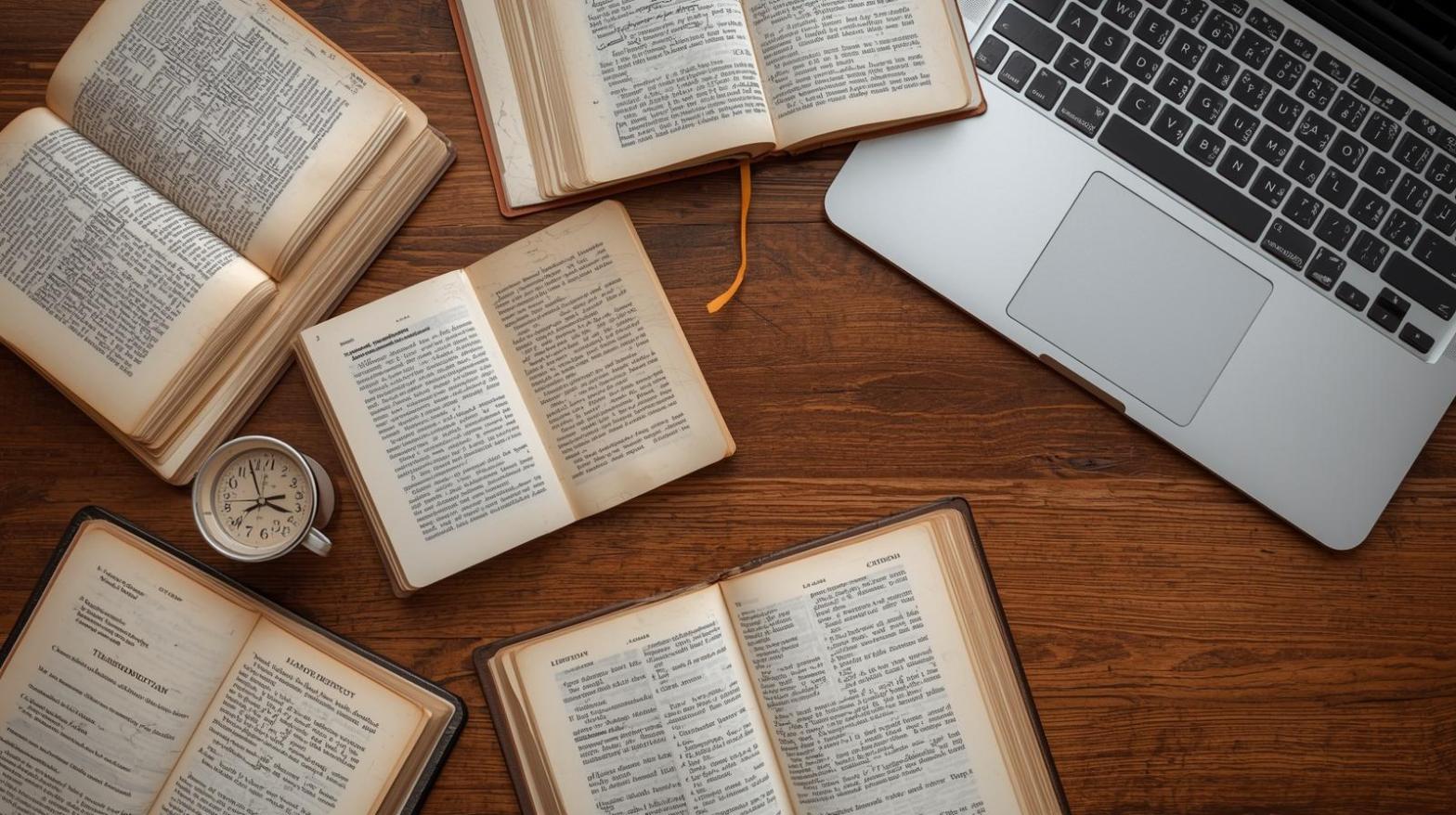 books and clock around a computer