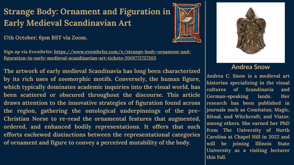 Poster of information for Andrea Snow's talk on medieval Scandinavian art